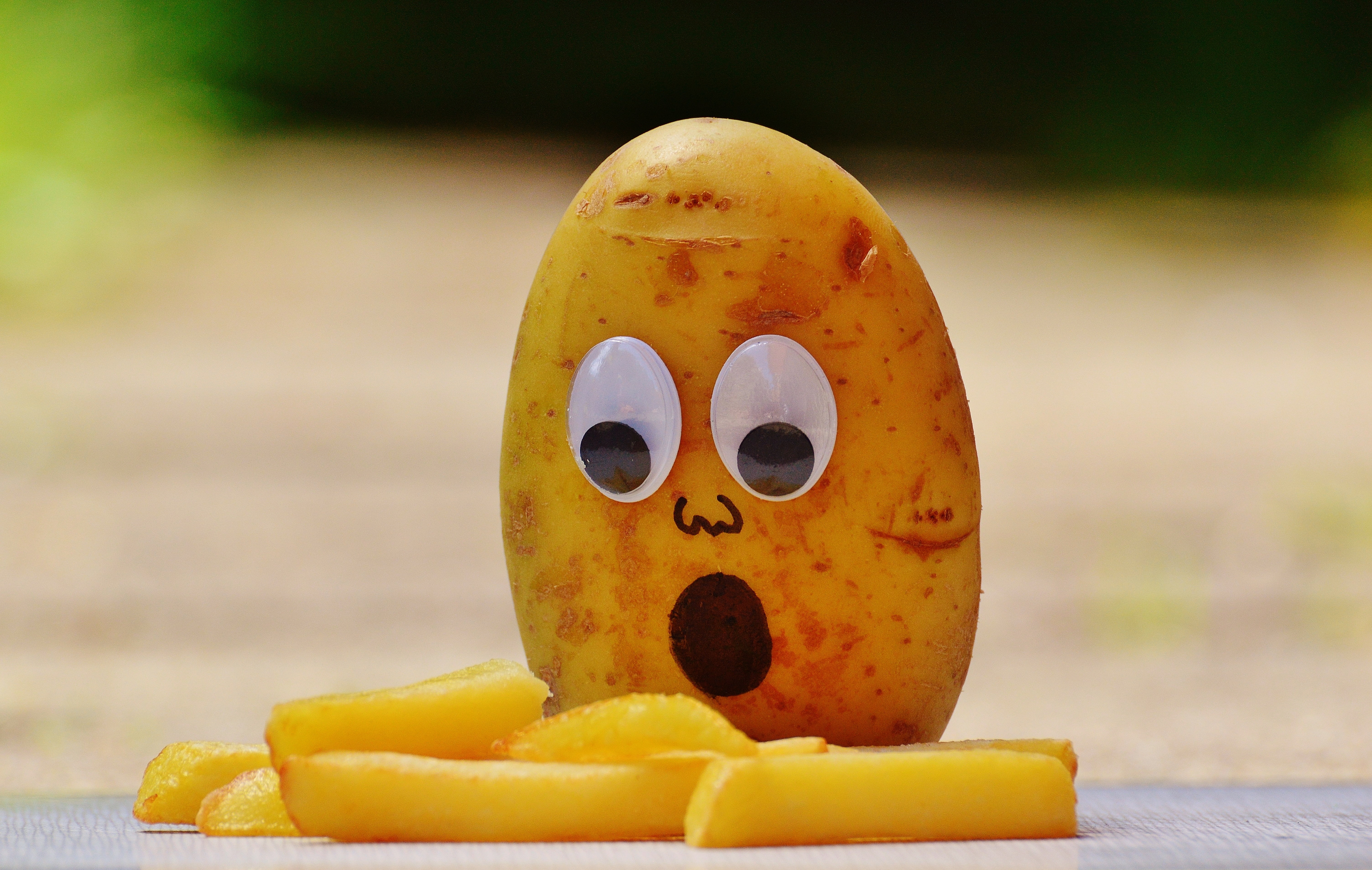 a potato with googly eyes, staring--shocked--at a pile of french fries